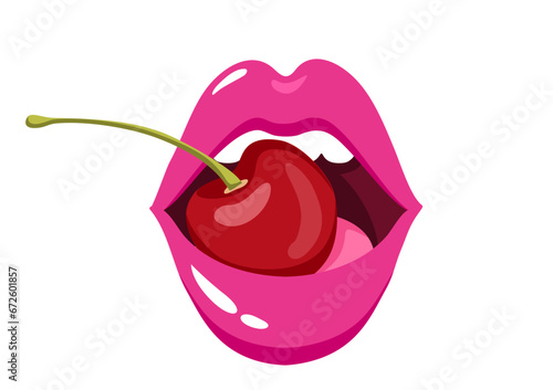 Woman lips with a cherry. Sexy woman half-open mouth or lips clamps a cherry berry in the teeth. Female sexy red lips. Cartoon vector illustration isolated on white background.