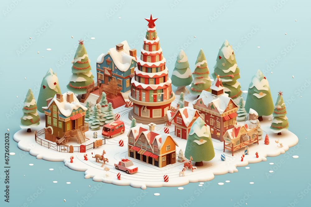 Christmas tree in the center and colorful house village city on snowing road in winter season holiday in December 3D isometric illustration
