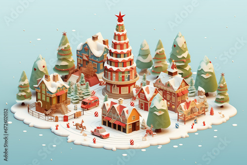 Christmas tree in the center and colorful house village city on snowing road in winter season holiday in December 3D isometric illustration © polarbearstudio