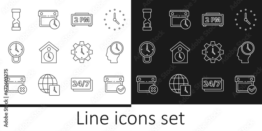 Set line Calendar with check mark, Time Management, Digital alarm clock, Retro wall watch, Clock, Old hourglass, and and icon. Vector