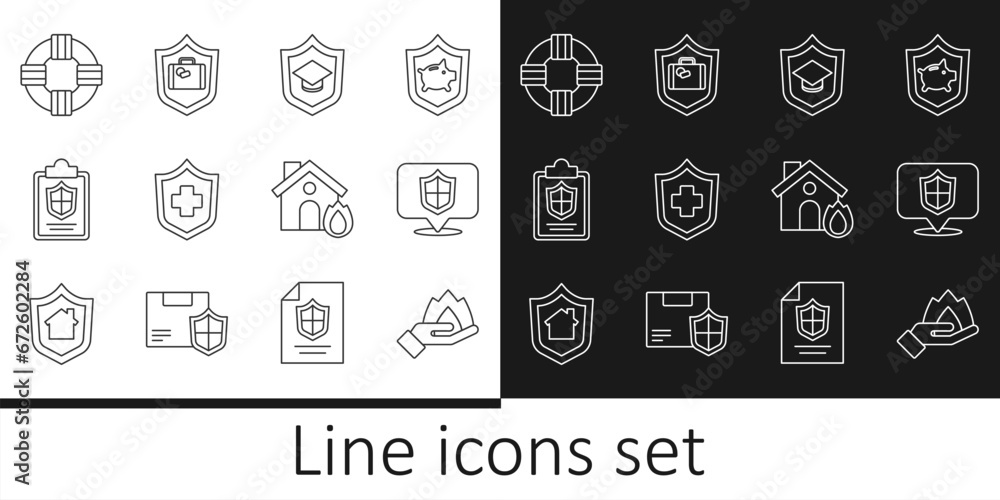 Set line Hand holding a fire, Location shield, Graduation cap with, Health insurance, Document, Lifebuoy, Fire burning house and Travel suitcase icon. Vector