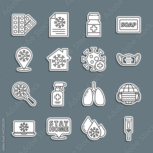 Set line Medical thermometer, Earth with medical mask, protective, Medicine bottle and pills, Stay home, Corona virus 2019-nCoV on location, Pills blister pack and Positive icon. Vector