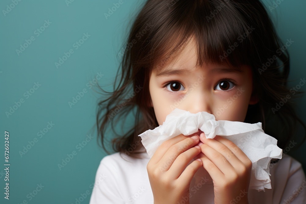  Child uses tissue to stop nosebleeds minimalistic superb clean image - obrazy, fototapety, plakaty 