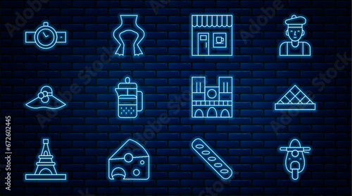 Set line Scooter, Louvre museum, Coffee shop, French press, Elegant women hat, Wrist watch, Notre Dame and Frog legs icon. Vector