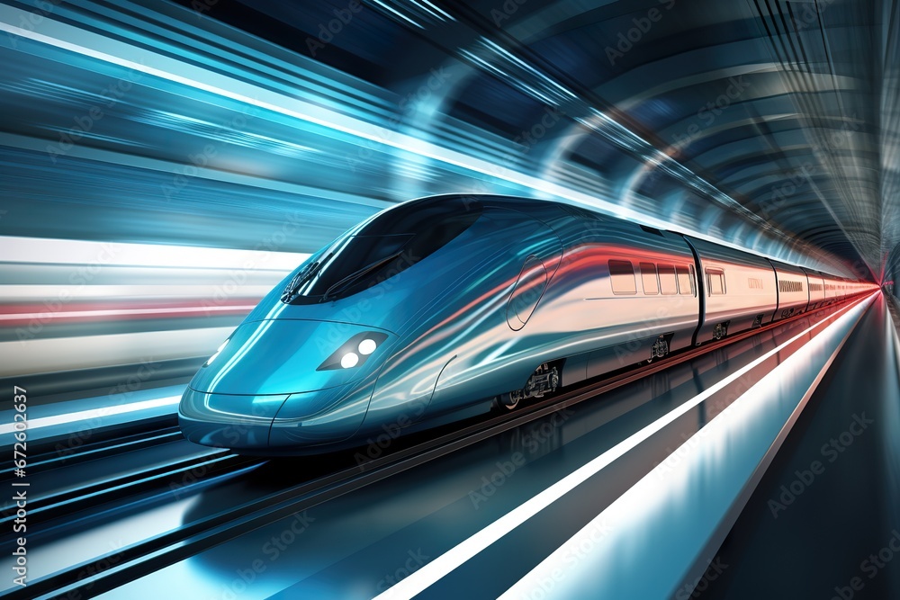 High-speed train: sleek, modern, and futuristic transportation running with panning motion High-speed train: sleek, modern, and futuristic transportation running with panning motion