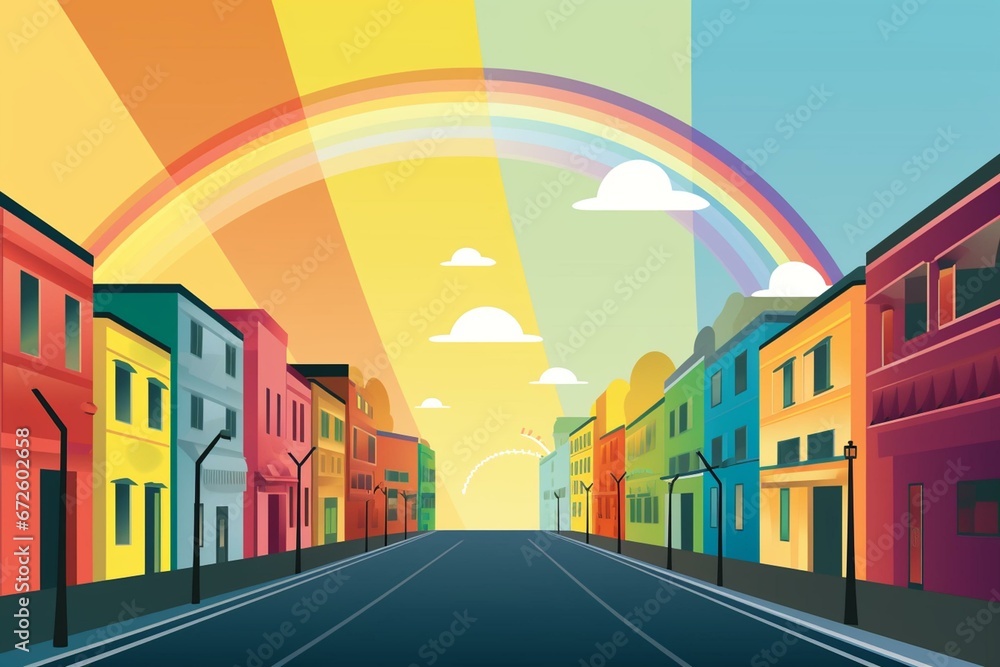 Illustration of a street and a rainbow. Generative AI