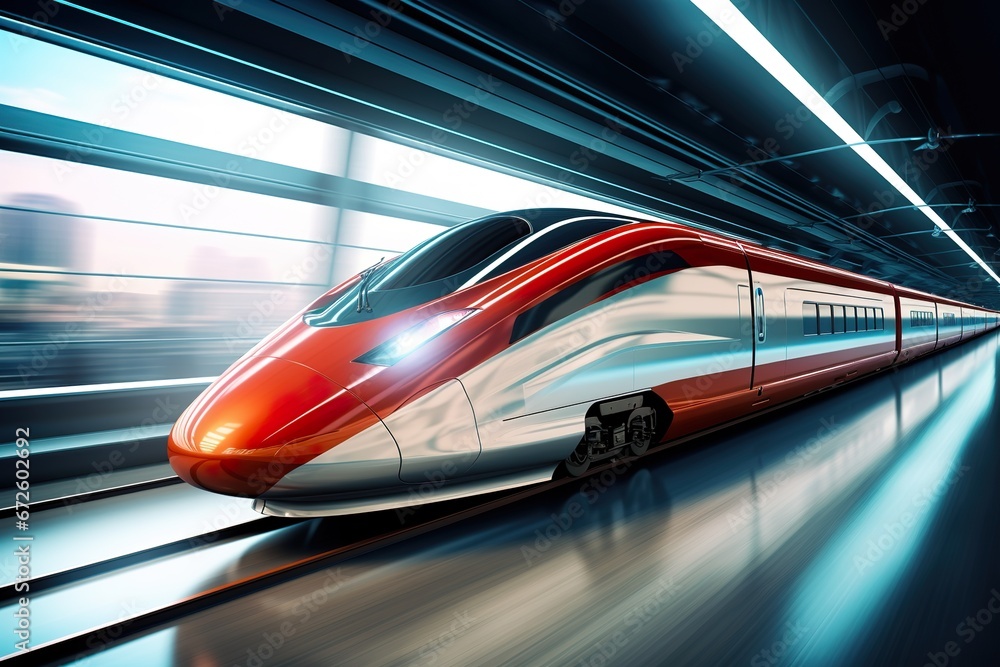 High-speed train: sleek, modern, and futuristic transportation running with panning motion High-speed train: sleek, modern, and futuristic transportation running with panning motion