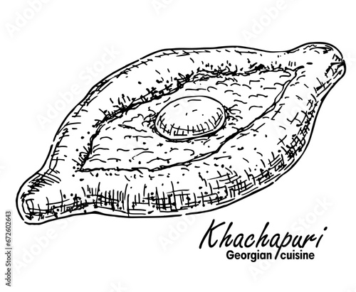 Khachapuri sketch. Adjarian khachapuri. Georgian cuisine, national dish khachapuri. Hot food, tortillas with seasoning. Hand drawn vector illustration