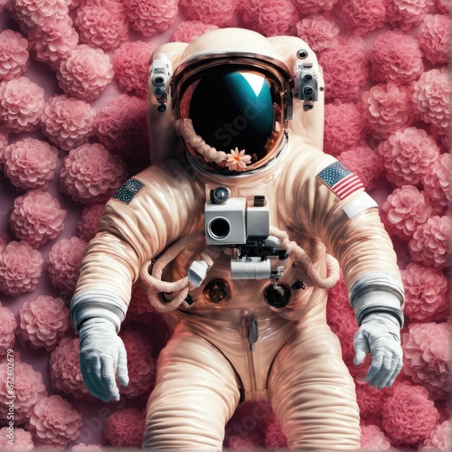 AI generated illustration of an astronaut wearing a white space suit on a floral background © Wirestock