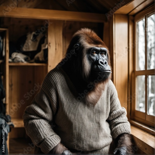 AI generated illustration of a gorilla in a sweater at home