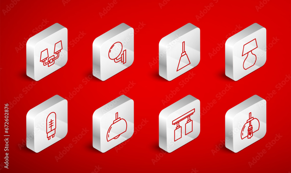Set line Chandelier, Wall lamp or sconce, Table, Led track lights lamps, and Light emitting diode icon. Vector Set line Chandelier, Wall lamp or sconce, Table, Led track lights lamps, and Light emitting diode icon. Vector