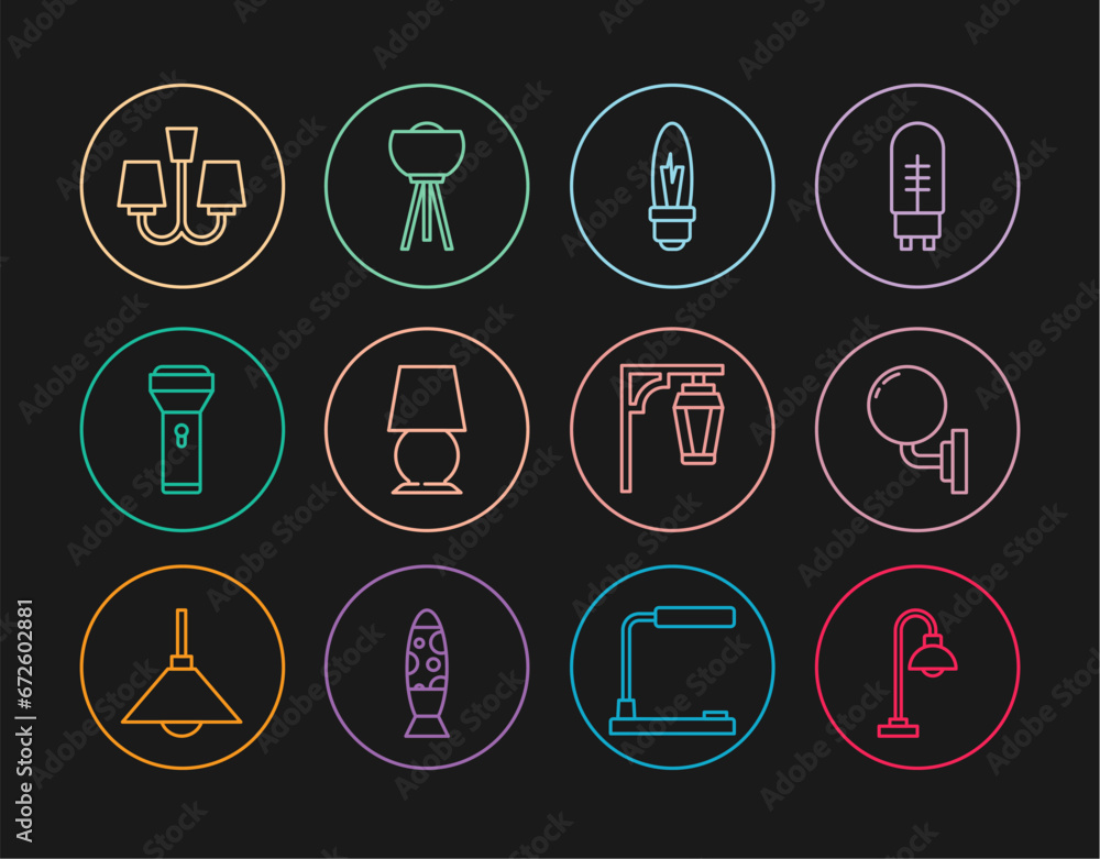 Set line Floor lamp, Wall sconce, Light bulb, Table, Flashlight, Chandelier, Vintage street and icon. Vector Set line Floor lamp, Wall sconce, Light bulb, Table, Flashlight, Chandelier, Vintage street and icon. Vector