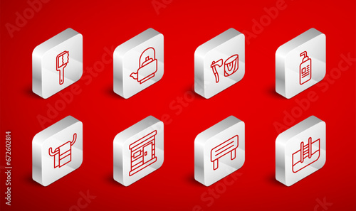 Set line Swimming pool with ladder, Kettle handle, Wooden axe stump, Cream or lotion cosmetic tube, Sauna wood bench, brush, wooden bathhouse and Towel hanger icon. Vector