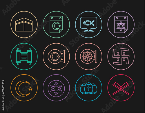 Set line Holy book of Koran, Hindu swastika, Christian fish, Star and crescent, Decree, paper, parchment, scroll, Kaaba mosque, Dharma wheel and icon. Vector
