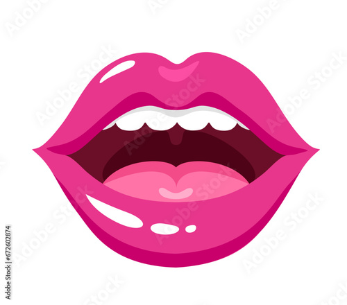 Sexy red female lips. Red Lipstick. Mouth with slightly open pink lips. Fashion illustration woman mouth. Vector illustration. Isolated on a white background.