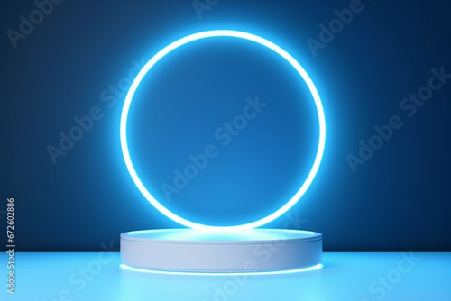 Product podium with neon circle on blue studio background, mock-up for your design © alisaaa