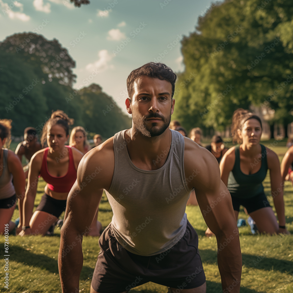 fit muscular male training fitness in the nature with other people fit muscular male training fitness in the nature with other people