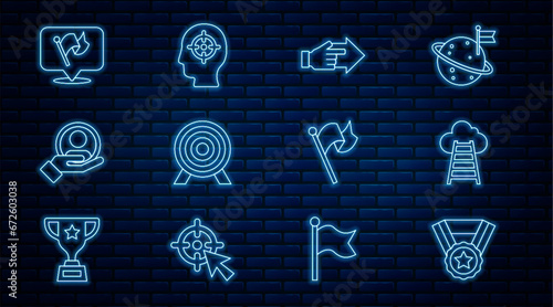 Set line Medal, Stair with finish flag, Hand pointing finger, Target, for search people, Flag, and Head hunting icon. Vector