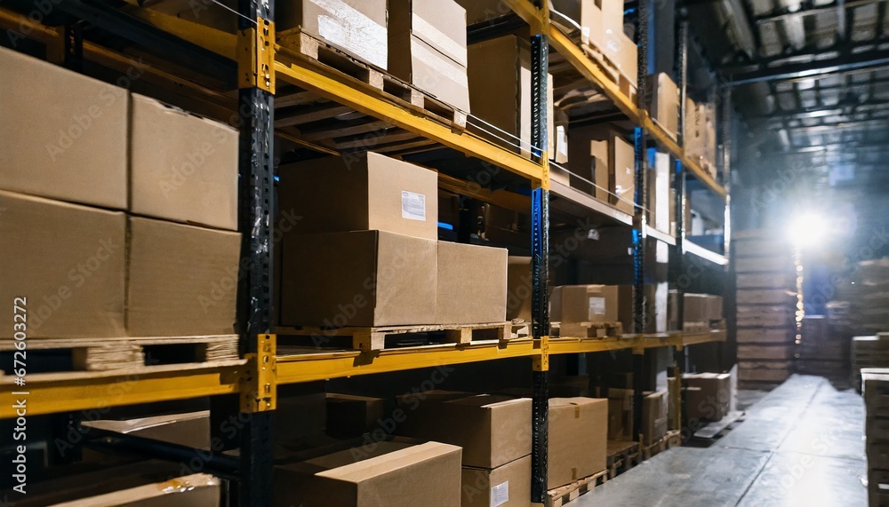 Large wharehouse with rows of shelves and goods boxes. Generative ai. Large wharehouse with rows of shelves and goods boxes. Generative ai.