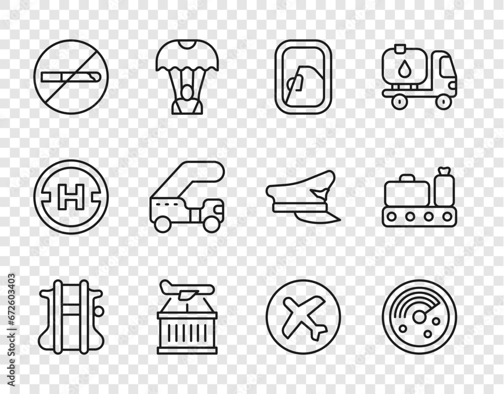 Set line Parachute, Radar with targets on monitor, Airplane window, Plane, No Smoking, Passenger ladder, and Conveyor belt suitcase icon. Vector Set line Parachute, Radar with targets on monitor, Airplane window, Plane, No Smoking, Passenger ladder, and Conveyor belt suitcase icon. Vector