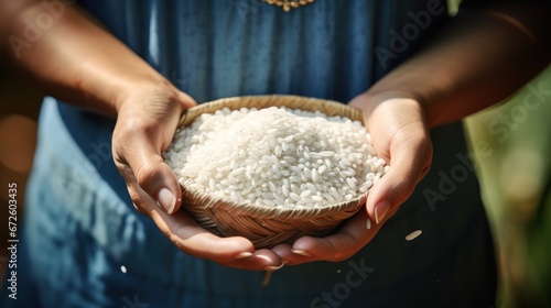 Close-up of a female farmer holding Thai white rice seeds.