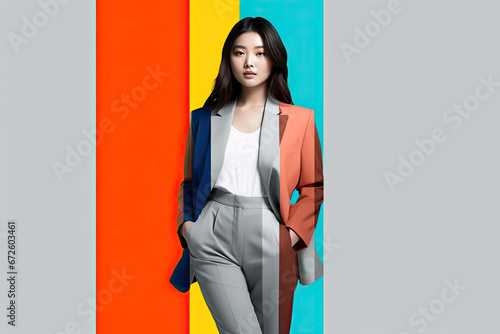 Asian Businesswoman in color studio Background Dressed in jacket made of pieces of fabric of different colors. Patchwork