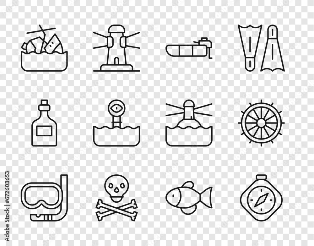 Set line Diving mask and snorkel, Compass, Inflatable boat with motor ...