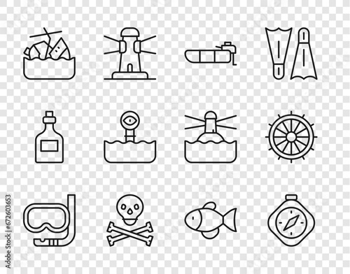 Set line Diving mask and snorkel, Compass, Inflatable boat with motor, Skull on crossbones, Sinking cruise ship, Periscope, Fish and Ship steering wheel icon. Vector