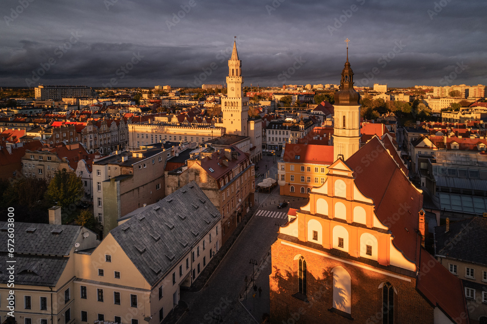 The old town in Opole during autumn sunset. Beautiful contrasting light set the mood for this view.