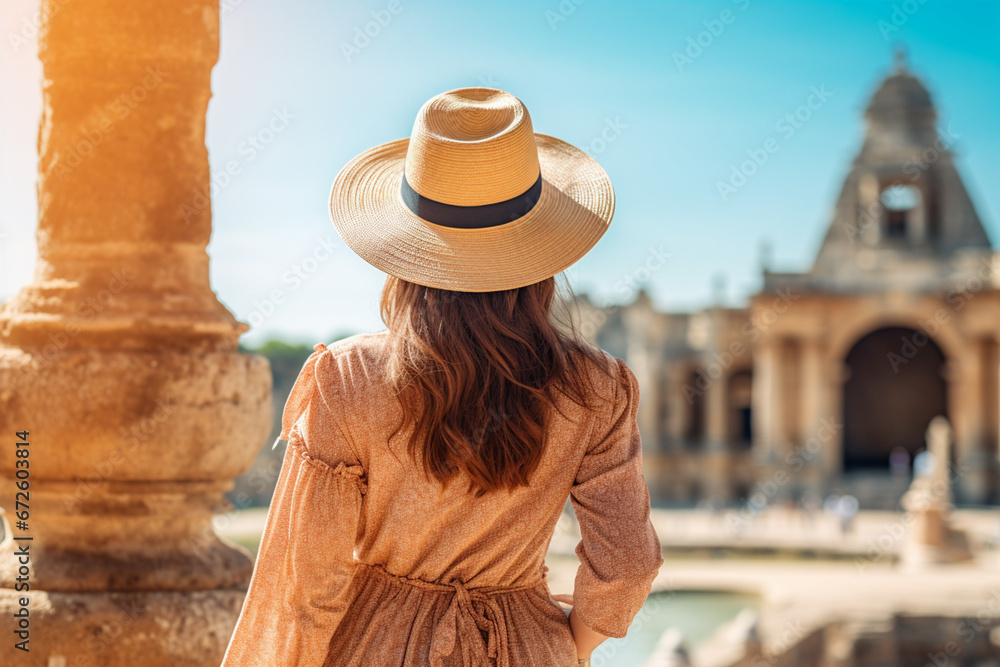 Rear view of a woman with a hat while she's admiring an ancient temple, Sunny day, Cool straw hat,