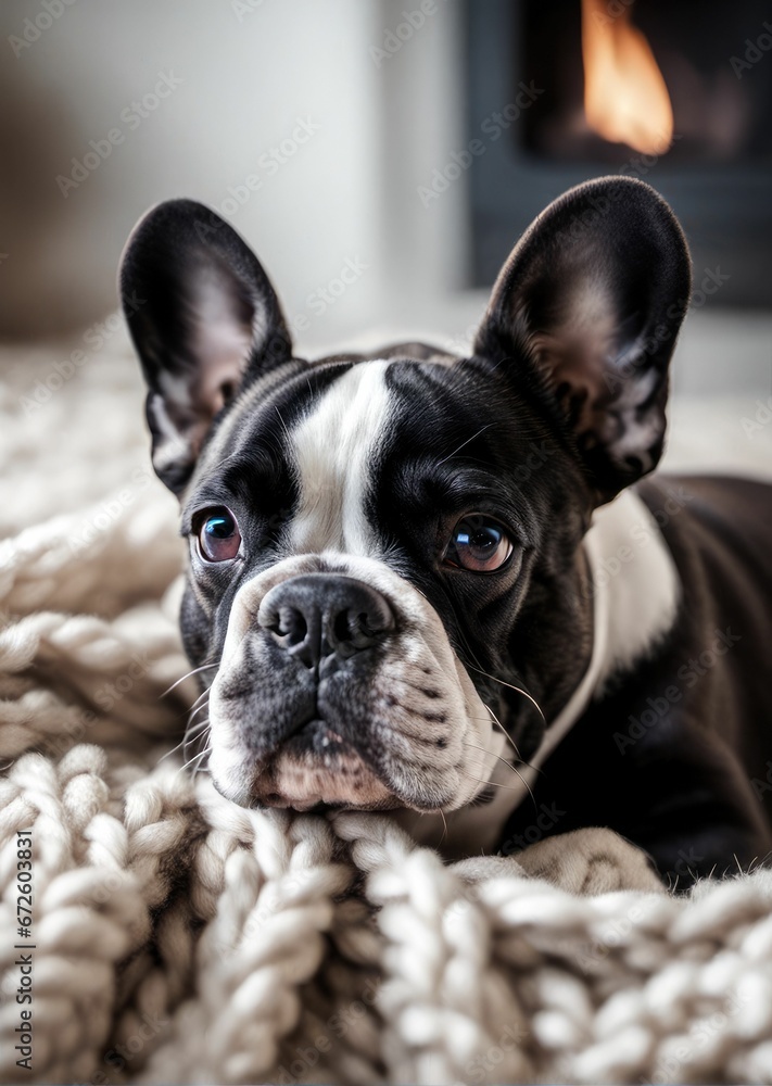 AI generated illustration of an adorable black and white French Bulldog on a gray blanket