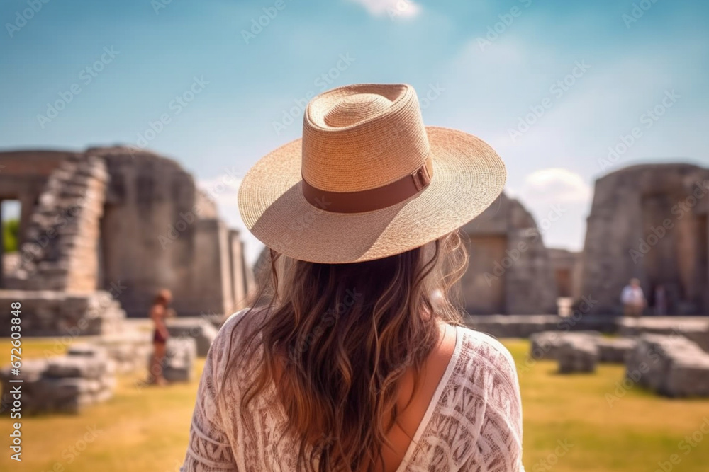 Rear view of a woman with a hat while she's admiring an ancient temple, Sunny day, Cool straw hat,
