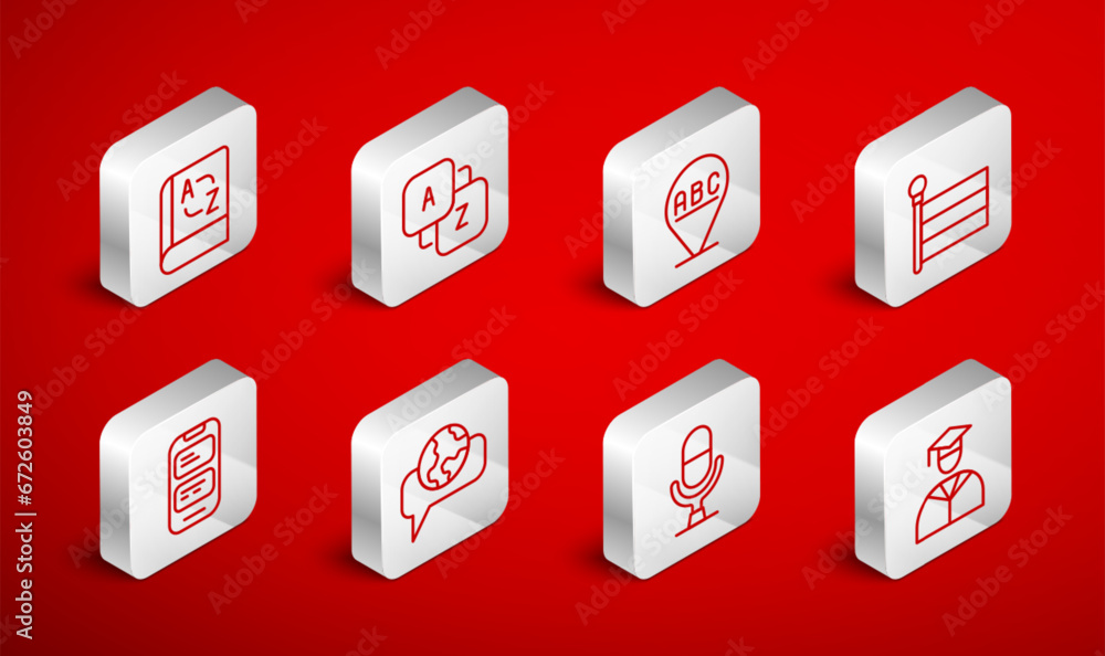 Set line Graduate and graduation cap, Vocabulary, Alphabet, Flag, Microphone voice device, Translator book, Learning foreign languages and Online translator icon. Vector Set line Graduate and graduation cap, Vocabulary, Alphabet, Flag, Microphone voice device, Translator book, Learning foreign languages and Online translator icon. Vector