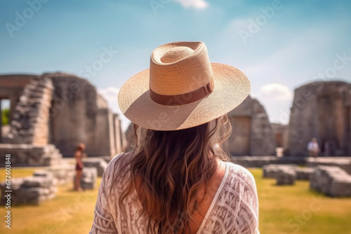 Rear view of a woman with a hat while she s admiring an ancient temple  Sunny day  Cool straw hat 
