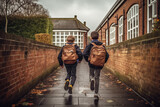 Rear view of two boys running in their school yard in the North East of England, They are running towards the door with their backpacks