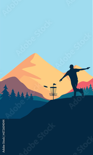 Great editable vector flat of discgolf throwing illustration with beautiful scene best for any digital graphic and printing purpose