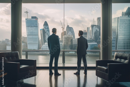 rear view of Successful executive in early 40s standing with hand on hip and conversing with client while looking through window at London’s financial district