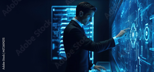 A business executive interacts with an advanced holographic interface, signifying cutting-edge technology in data management.