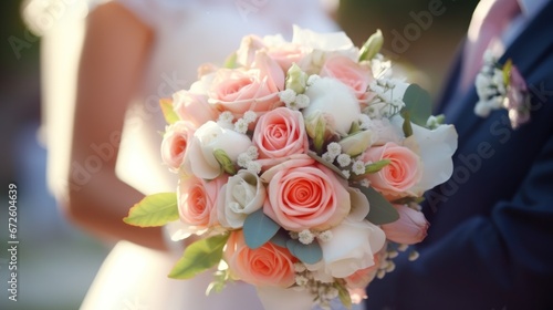 Wedding bouquet in the hands of the bride and groom at the ceremony