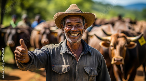 Joyful Brazilian farmer with sustainable cattle farming award. photo