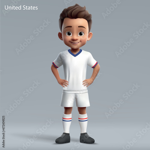 3d cartoon cute young soccer player in United States national team kit.