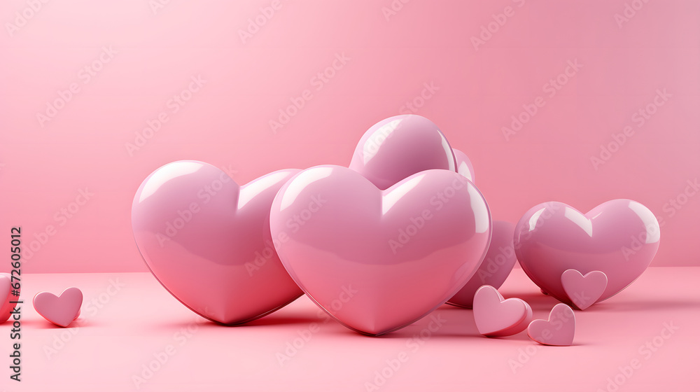 3D Pink Hearts on Pink Background. Happy Valentine's Day Background.