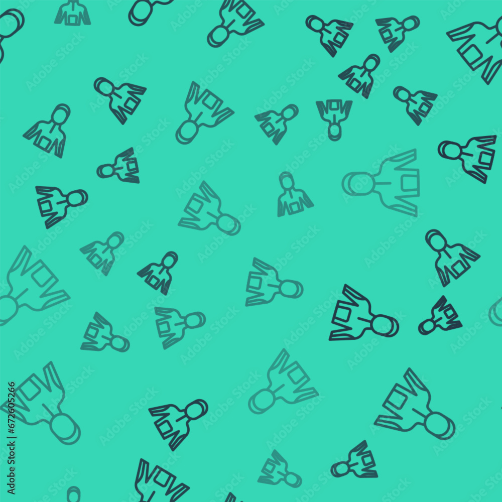Black line Wetsuit for scuba diving icon isolated seamless pattern on green background. Diving underwater equipment. Vector Black line Wetsuit for scuba diving icon isolated seamless pattern on green background. Diving underwater equipment. Vector