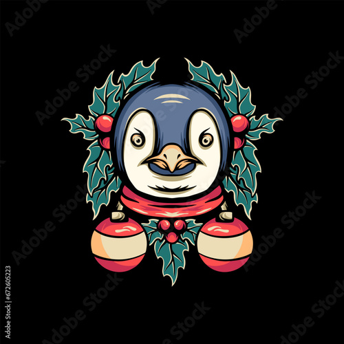 Penguin And Bells Retro Illustration