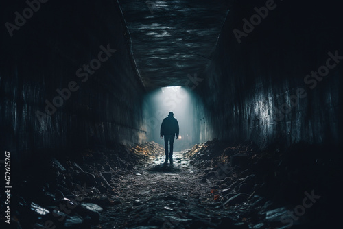 A shot of someone finding an exit from a dark tunnel, aesthetic look