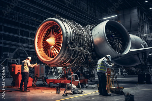 Aircraft Jet engine maintenance in airplane hangar, aesthetic look photo
