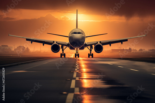 An airplane moments from touching down on the runway at sunrise, aesthetic look