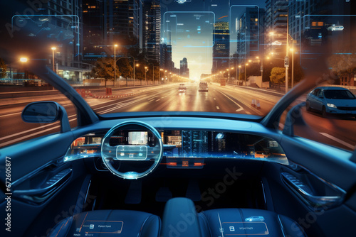 An image of self-driving vehicles on the road, demonstrating the future of autonomous transportation and the integration of smart technology in automobiles, aesthetic look © alisaaa