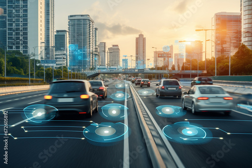 An image of self-driving vehicles on the road, demonstrating the future of autonomous transportation and the integration of smart technology in automobiles, aesthetic look photo