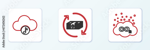 Set line CO2 emissions in cloud, Music streaming service and Refund money icon. Vector